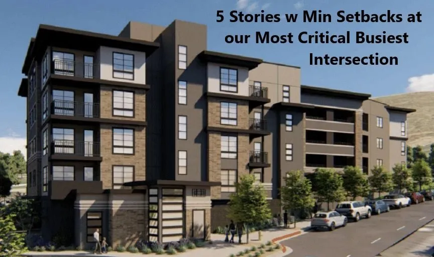 Illustration of a five-story building at the busiest intersection on the evacuation route