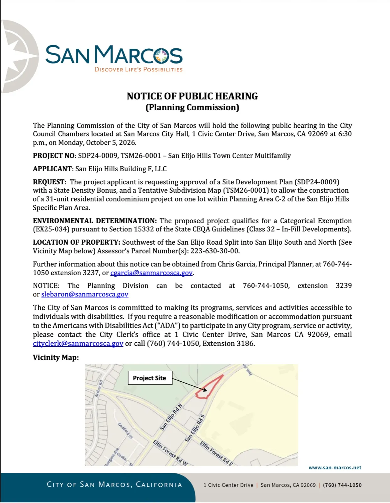 City notice of the October 5, 2026 Planning Commission hearing, with a map of the project site