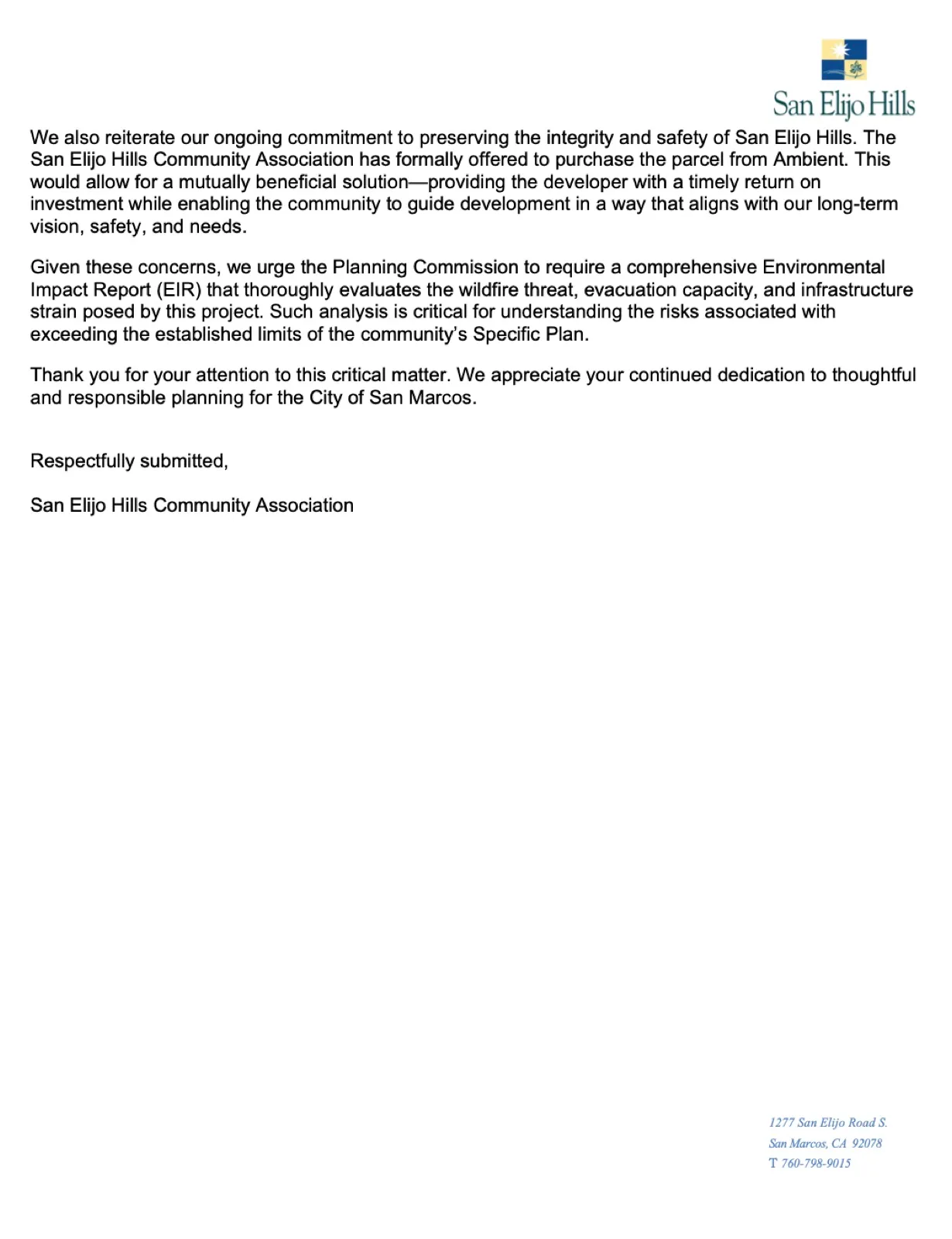 San Elijo Hills Community Association letter, April 29, 2025, second page
