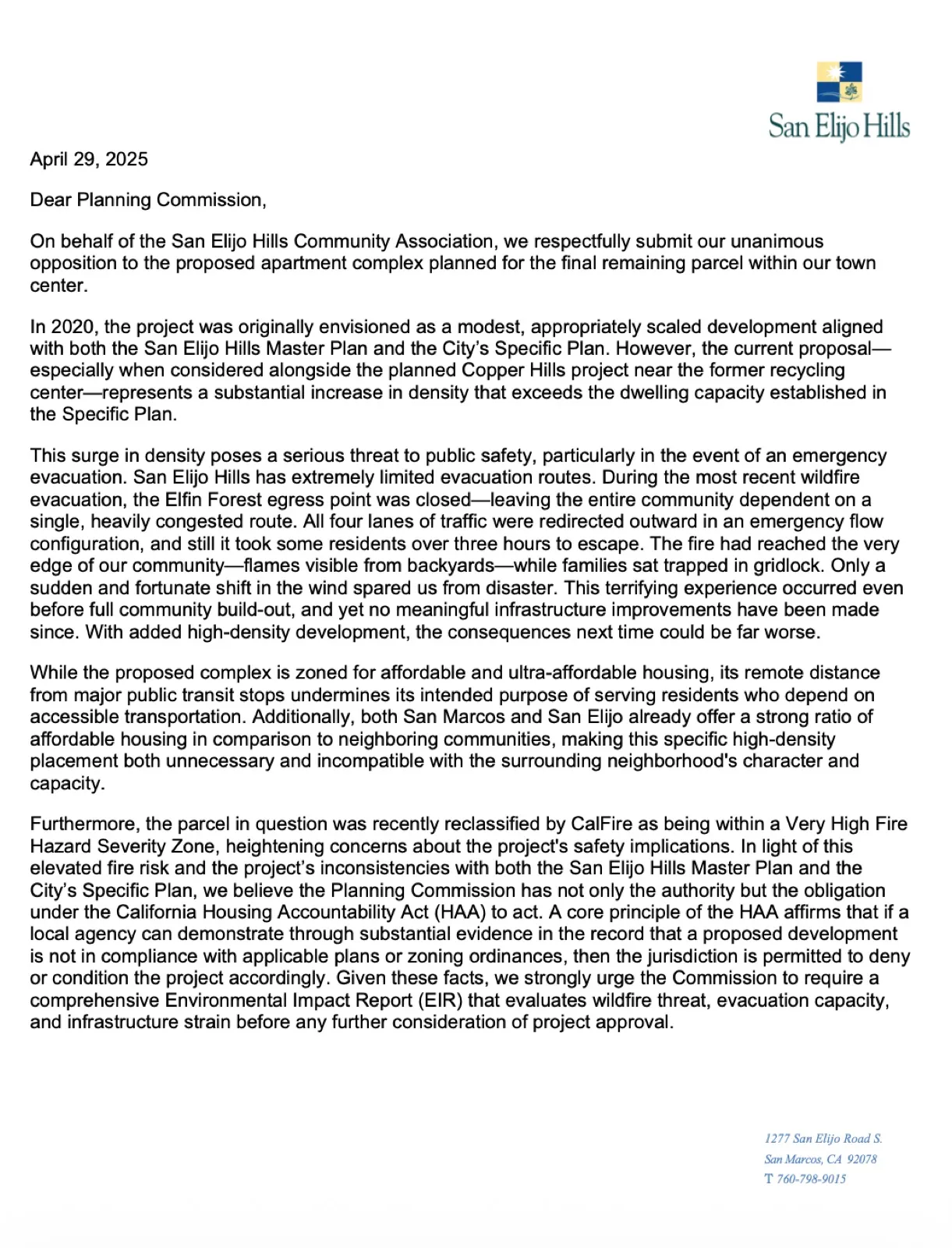 San Elijo Hills Community Association letter, April 29, 2025, first page