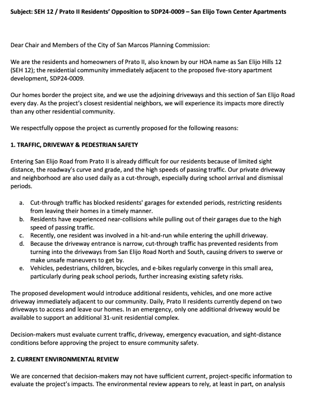 Prato II residents' letter opposing the project, first page