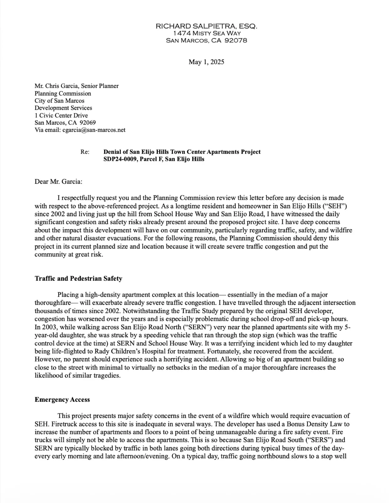 Richard Salpietra letter, May 1, 2025, page 1
