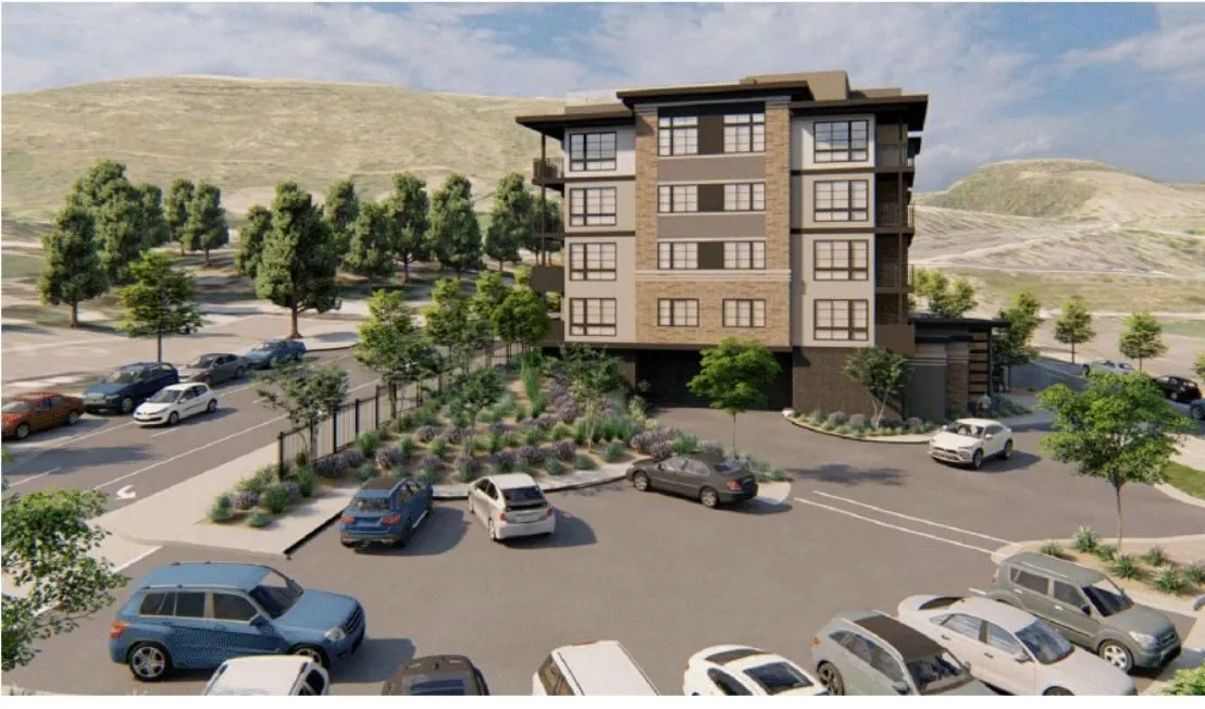 Rendering of the proposed building above its parking area