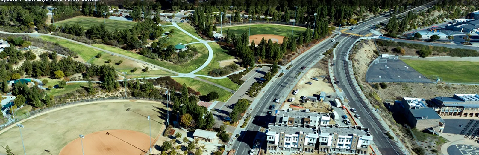Wider aerial of San Elijo Hills Town Center and the road split